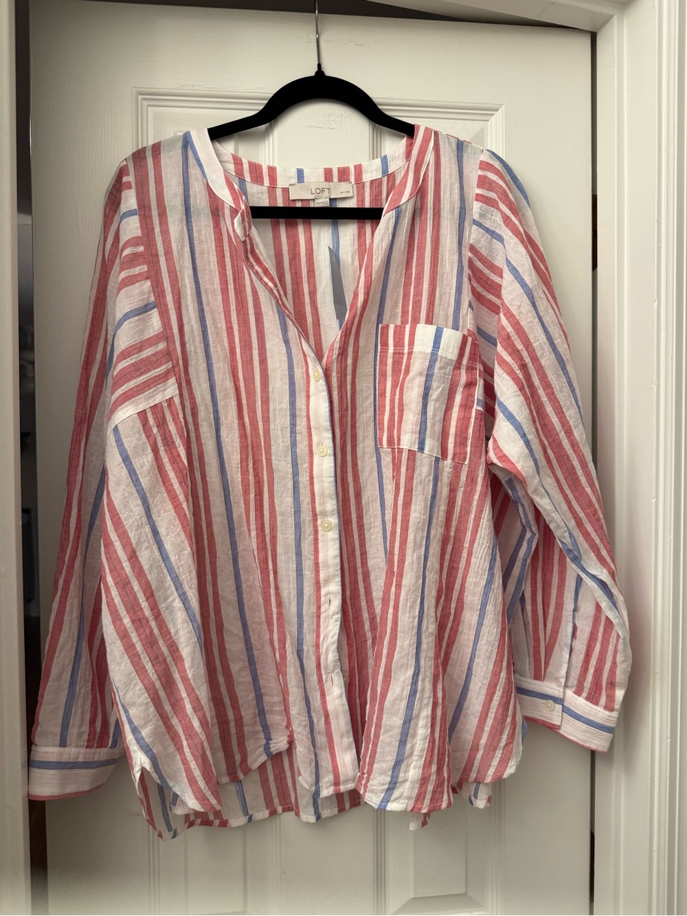 LOFT Red, White & Blue Sheer Striped Button-Up Tunic Blouse XXLP